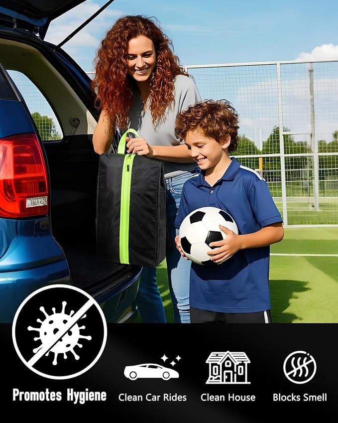 GLORIEROO Smell Proof Shoe Bags for Travel-Soccer Cleat Bag Smell Proof with Active Carbon Fabric | Odor-Absorbing Water-Resistant Track Shoe bags for Sports (Black with Green, UP TO US11)