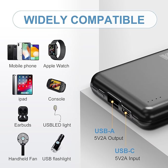 KOVNLO Battery Pack for Heated Vest, 5V 2A 10000mAh USB Power Bank with USB-C Charging Cable, Ultra Thin Portable Charger for Heated Jacket,iPhone, Android