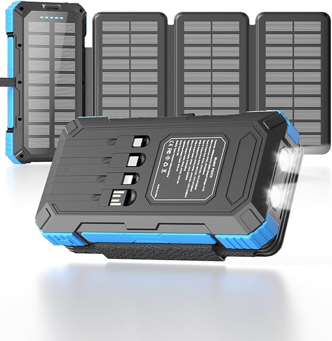 2 Pack, Solar Charger with Built-in Cables 49800mAh +Solar Power Bank 49800mAh for iPhone Android Samsung