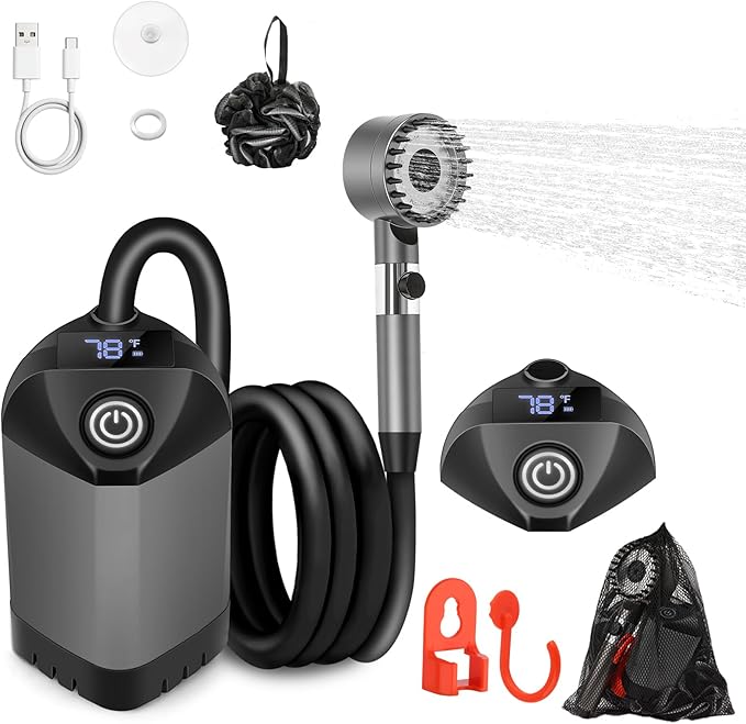 Portable Shower for Camping with 7800mAh Battery, Rechargeable Camping Shower with Intelligent LED Display, 3 Spray Modes, IPX8 Waterproof Outdoor Camp Pump for Hiking, Travel, Car, Pet
