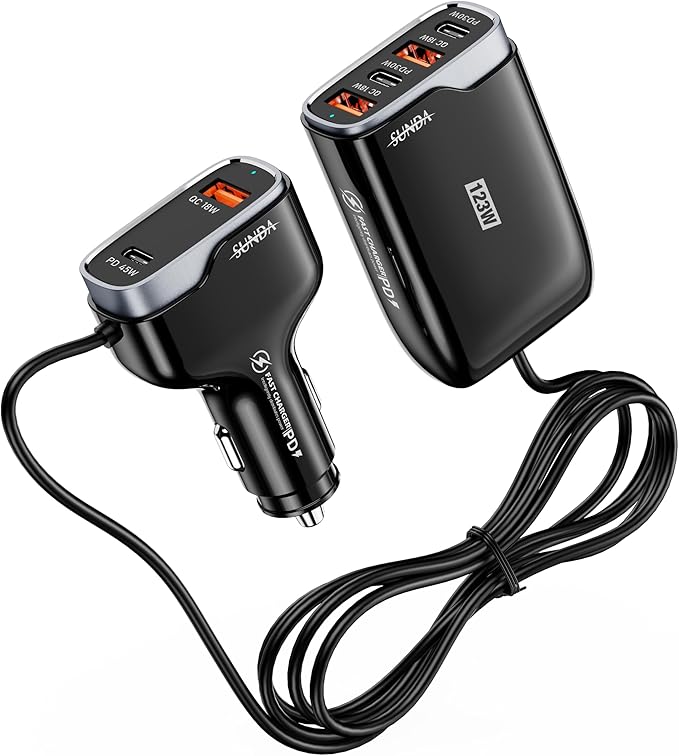 6 Multi Ports USB C Car Charger, 123W Fast Car Charger Adapter, PD 45W Compatible with iPhone17/Galaxy/Samsung S25, Type C Cigarette Lighter USB Charger with 5.7FT Cable for Rear Seat Charging(Black)