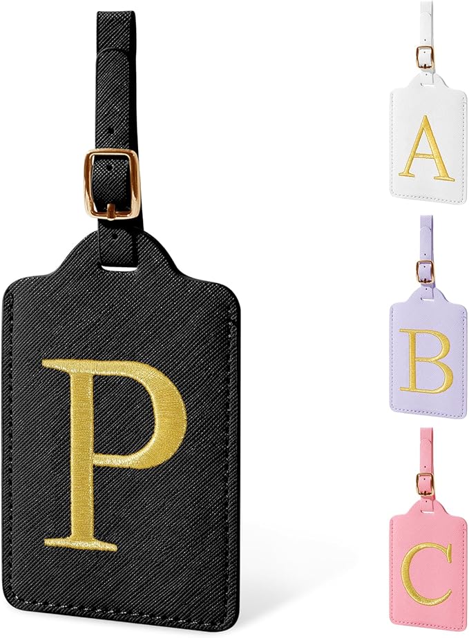 Personalized Initial Luggage Tags for Suitcase TSA Approved, Black Leather Cute Luggage Tag with Privacy Cover Name Card, Embroidered Custom Luggage Tags Travel Backpack Tags Gifts for Women Kids(P)