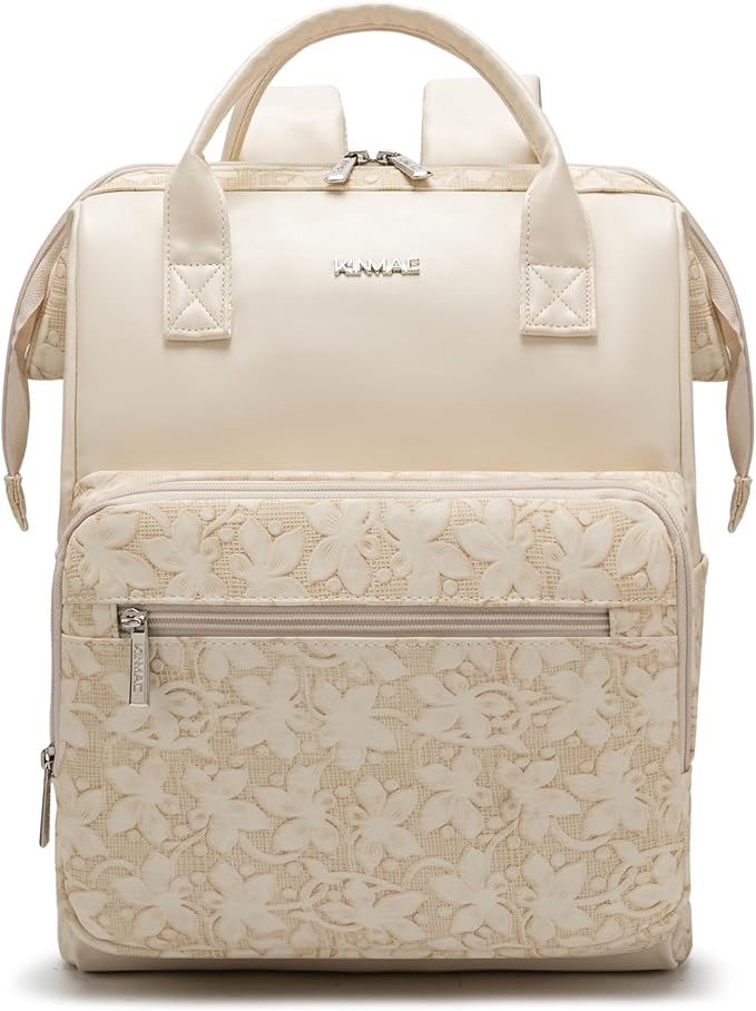 Kinmac Wide Open Style Laptop Backpack for Laptop Up to 15.6 Inch Men Women Travel Outdoor Backpack (Apricot Floweret PU)