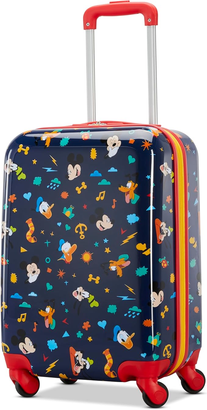 American Tourister Mickey Mouse Carry-On Luggage - Airline Approved, Durable Hardshell with Micky, Donald Duck, Pluto & Goofy - Roll Confidentially with Spinner Wheels & Colorful Adjustable Handle