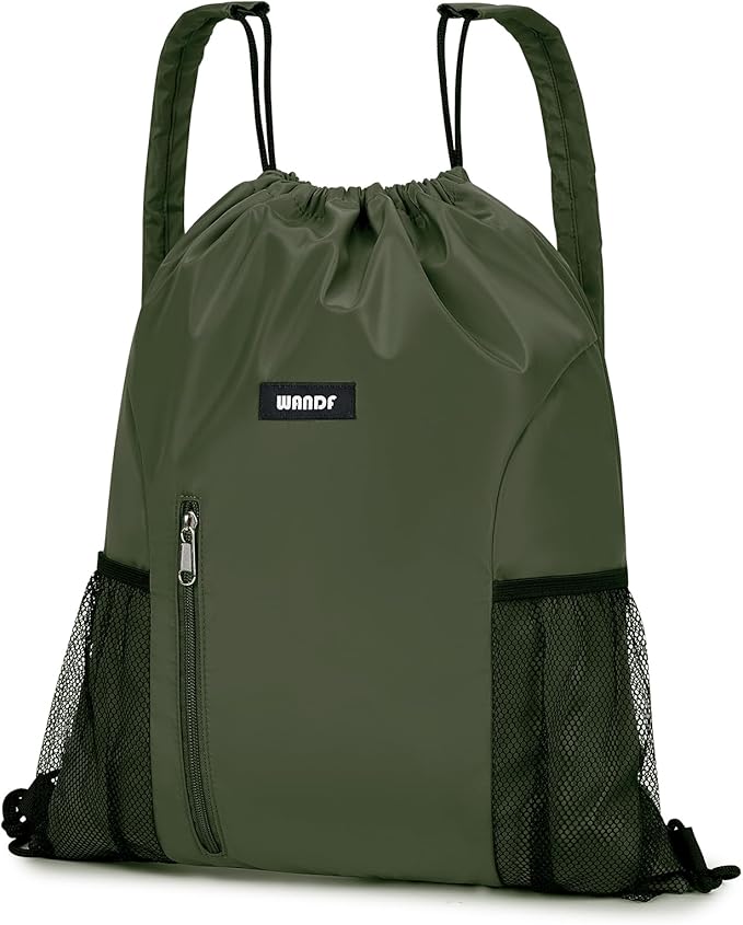 WANDF Drawstring Backpack with Shoulder Pad Sports Gym Backpack with Mesh Pocket String Bag for Women Men(Dark green)