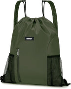 WANDF Drawstring Backpack with Shoulder Pad Sports Gym Backpack with Mesh Pocket String Bag for Women Men(Dark green)