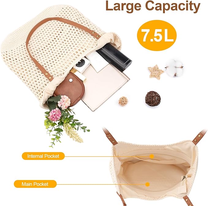 Peicees Crochet Beach Bag Purse, Boho Woven Tote with Leak-Proof Lining For Summer Vacation Travel Casual Shoulder Bag Soft