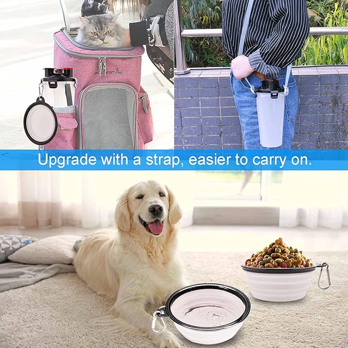 Dog Travel Water Bottle Collapsible Bowls, 2 in 1 Pet Food Container with Collapse Bowls, Outdoor Portable Water Bowls for Walking, Traveling, Camping and Hiking (White)