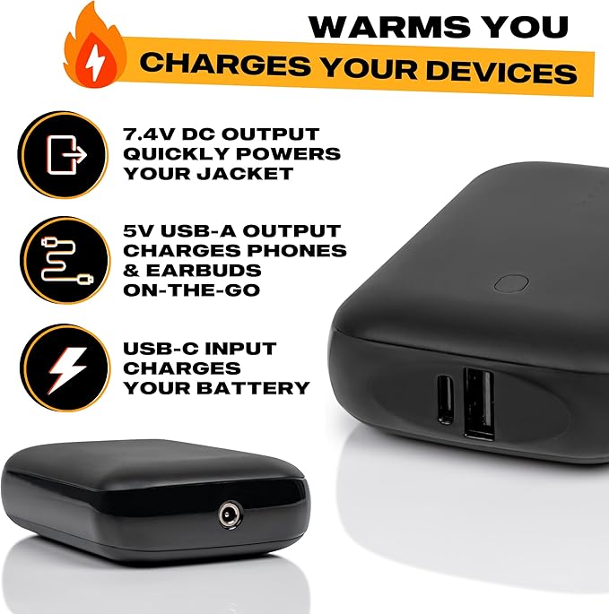 Weston 7.4V Rechargeable Battery Pack - 5000 mAh Replacement Power Source for Heated Jackets, Vests, and Clothing - USB & DC Output - Compatible Heated Gear
