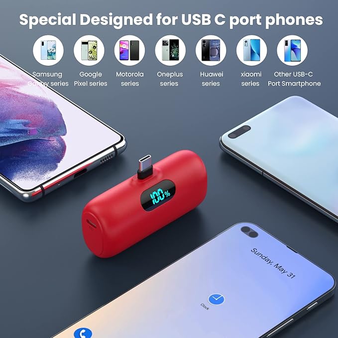 Small Portable Charger for iPhone 17/16/15 Series,5000mAh 3A PD USB C Power Bank,Mini LCD Display Battery Pack for iPhone 17/17Pro/16Plus/16Pro/15Pro Max,Samsung,Android/Moto/LG etc (Pink)