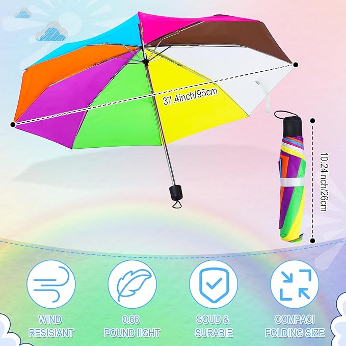 12 Pc Rainbow Umbrella Portable Tri Folded Pride Umbrella Windproof Compact Rain Parasol for Travel Beach Wedding Party