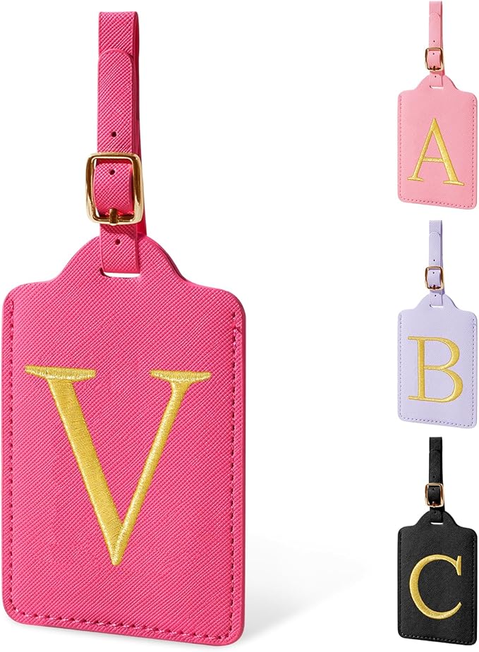 Rose Red Personalized Initial Leather Luggage Tags with Privacy Cover Name Card, Custom Monogram Embroidered Cute Travel Backpack Tag Gifts for Women & Kids
