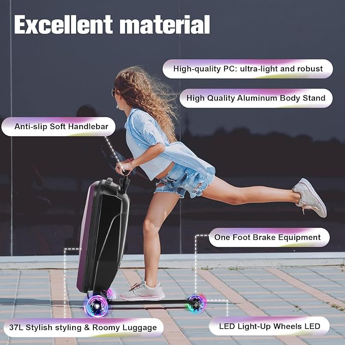 smilesun Scooter Luggage For Kids & Adults， Hardside Ride On Suitcase For Kids Ages 4-15 Multifunctional Lightweight Foldable Carry On Luggage With Wheels Ride On For Children Teenagers（Purple）