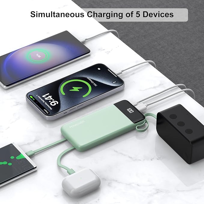 Portable Charger Built-in Cables,10000mAh Power Bank for iPhone,Fast Charge USB C Battery Pack Travel Essentials Slim Lightweight Powerbank Compatible with iPhone 17/16/15/14, Samsung, Android, etc