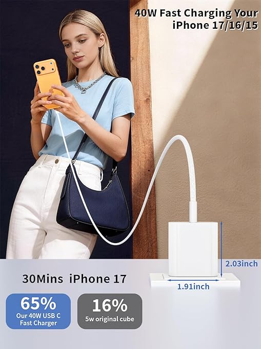 iPhone 17 16 Fast Charger,40W 3Pack iPhone 17 Charger Fast Charging Block USB C Chargers with Braided USB C to C Cable for iPhone Air/17/17 Pro/17 Pro Max/16 Pro Max/16 Plus/16e/15/15 Pro Max,iPad Air