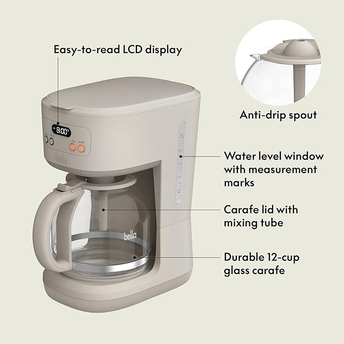 BELLA 12 Cup Programmable Coffee Maker, Reusable Dishwasher Safe Accessories, Easy LCD display, Auto Shutoff, 900 watt, Oatmilk