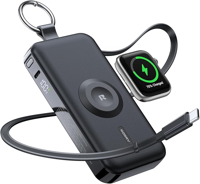 RORRY Portable Charger, 12000mAh 30W Fast Charging Power Bank with Built-in Retractable USB C Cable, Battery Pack with Keychain, Travel Essentials for iPhone, Apple Watch, iPad, Black