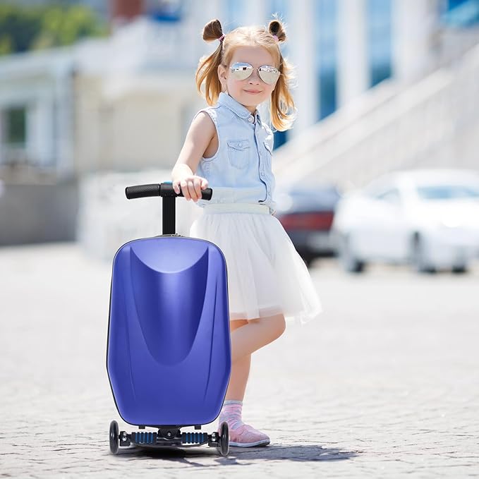 2-in-1 Ride-On Scooter Suitcase for Kids & Adults, 20” Foldable Hardshell Carry-On Luggage for Travel, Lightweight Kids Scooter Bag with Wheels