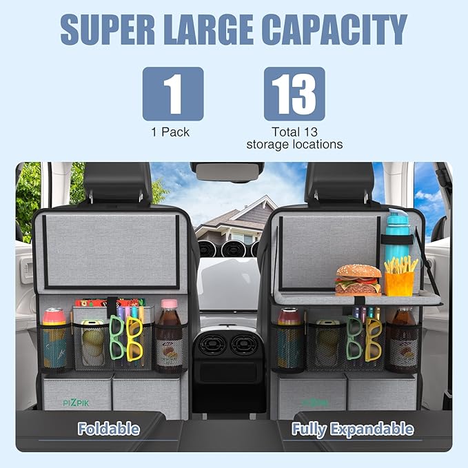 Plzpik Car Backseat Organizer with Tablet Holder,11 Storage Pockets with Foldable Food Tray, Protector Kick Mats for Kids, Travel Accessories Organizer (Gray, 1Pack)