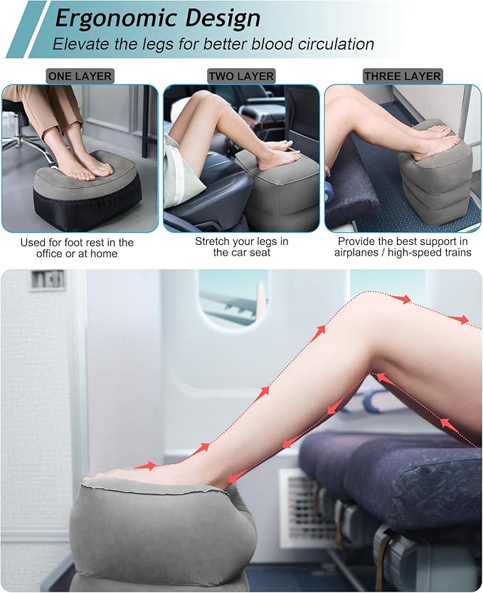Inflatable Travel Foot Rest Pillow,Kids Airplane Bed,Adjustable Height Flight Pillow,Travel Essentials for Airplane,Office,Home,Trains,Cars