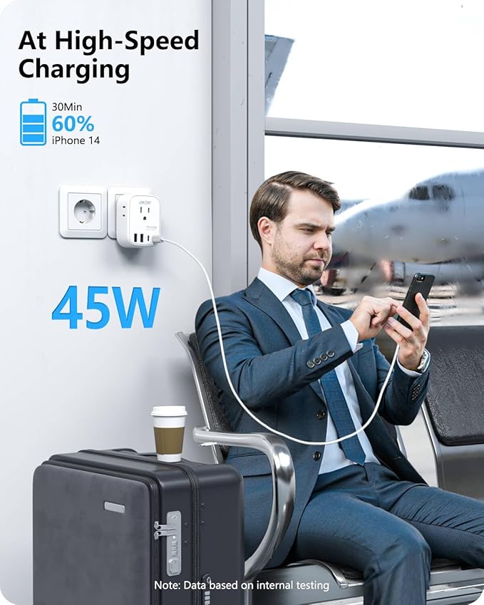 LENCENT Germany France Travel Power Adapter, PD 45W USB C Fast Charger, Schuko Type E F Plug Adaptor with 4 Outlets, Travel Essentials for US to Europe EU Spain Greece Russia Germany South Korea
