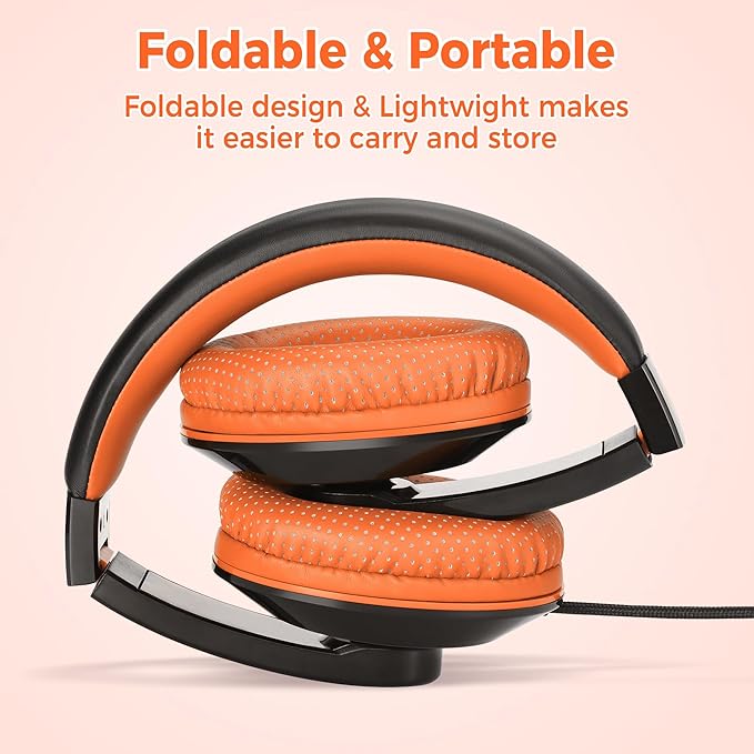 rockpapa Comfort+ Kids Headphones with Microphone, Boys Girls Student Over-Ear Headphones Wired Foldable for School Classroom Laptop PC Computer Tablet Black Orange