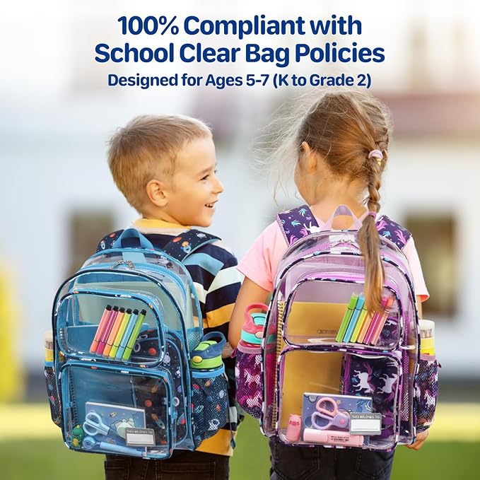 Bagseri Clear Backpack for Boys - 15 Inch Heavy Duty Kids Clear Bookbag for Kindergarten to Grade 2, Transparent School Bag with Reflective Strip, Fits Folders, Navy Space