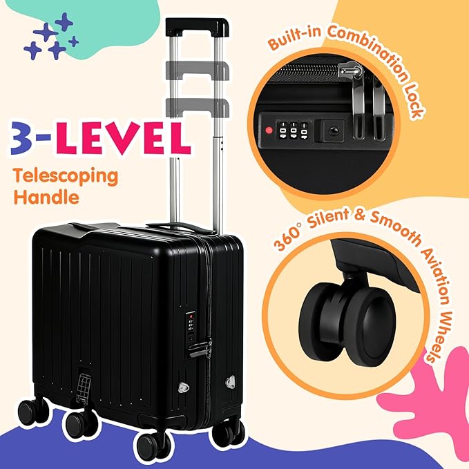 smilesun Kids Ride-On Luggage, 20" Hardshell Carry-On Suitcase with 6 Spinner Wheels, Foldable Pedal, Hidden Cup Holder & Combination Lock for Toddlers & Children (Black, 20-inch)