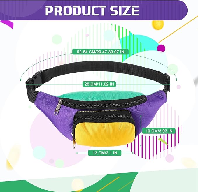 Abbylike 2 Pcs Mardi Gras Neon Fanny Packs Adjustable Waist Bags Party Outfit Accessories for Women Men Travelling Outdoors Cycling (Mardi Style)