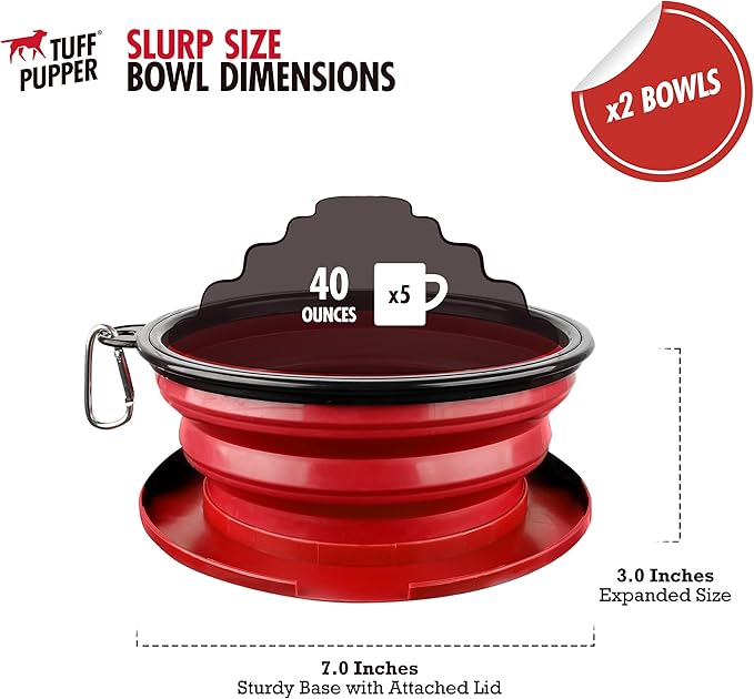 Tuff Pupper SuperBigSlurp Collapsible Dog Bowls | Two Pack Red Bowls | 40oz Extra Large Capacity | Portable, Food Safe, Odorless | Non-Toxic Silicone