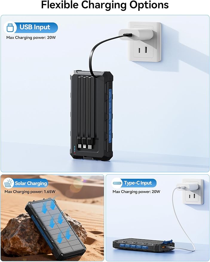 Solar-Charger-Power-Bank - 20000mah Solar Powered Battery Charger Cell Phone,20W Fast Charging Built in Cables,Camping Essentials Portable External Battery Pack Compatible with Multiple Devices