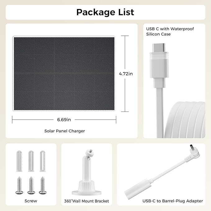 Solar Panel Compatible with Ring Camera, Solar Charger for Spotlight Cam Plus/Pro, Stick Up Cam Pro, 13ft Long Cable with USB-C to Ring DC Plug Adapter, IP65 Waterproof