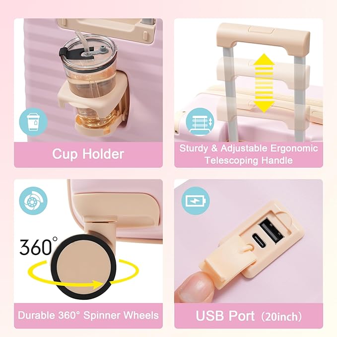 5 Piece Luggage Set w/TSA Locks & USB Port, Front Opening Hard Shell Luggage Sets, Expandable Suitcase Set with Wheels and Cup Holder(20"/24"/28") (Pink)