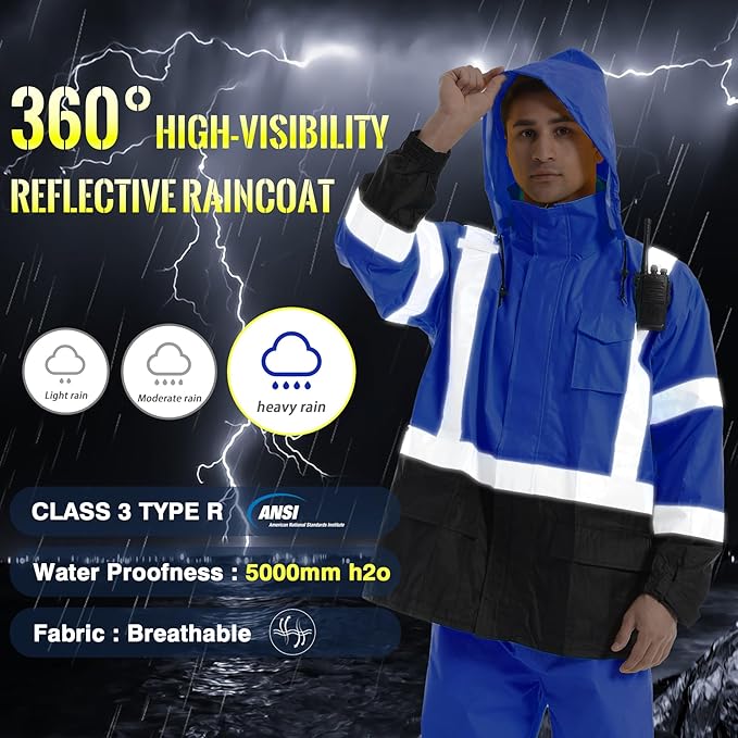 SKSAFETY Hi Vis Safety Rain Jacket for Men, Construction Work Rain Gear Heavy Duty Class 3 Rain Coat Waterproof Lightweight