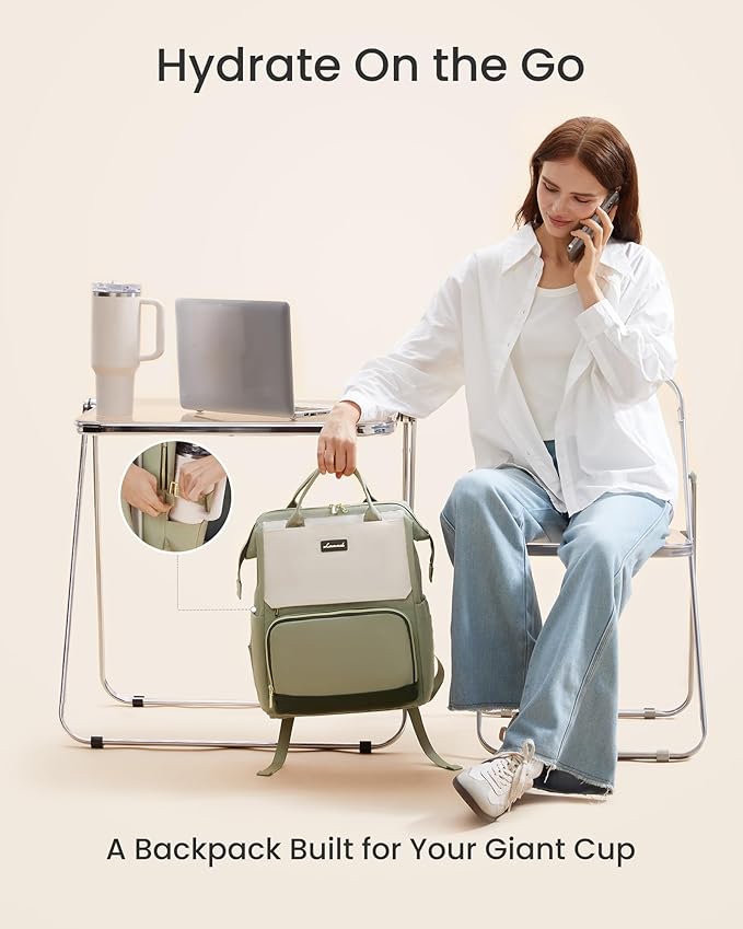 LOVEVOOK Laptop Backpack for Women with Giant Tumbler Holder Pocket, 15.6 inch Travel Work Backpack Purse for Nurse Teacher, Waterproof School Bag College Bookbag Cute Casual Daypack for Girls Green