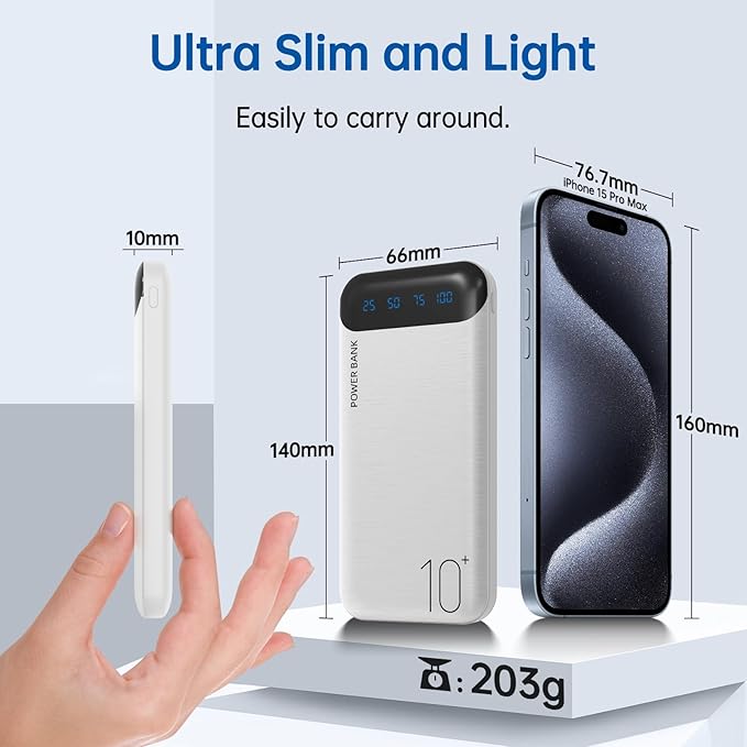 Power Bank 10000mAh Portable Charger Slim External Battery Pack with 2 USB 2.4A Outputs and USB C in/Out Compatible with Huawei iPhone 16 15 14 13 12 iPad Samsung Galaxy S20 Android Tablet (White)
