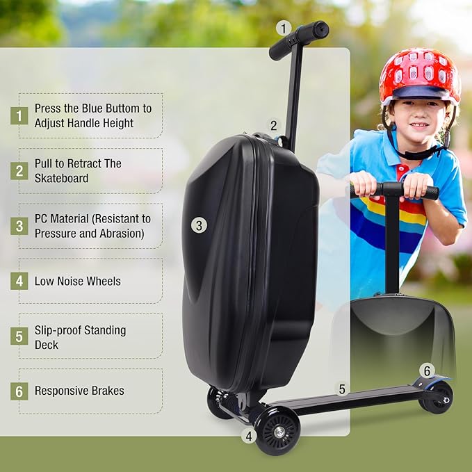 2-in-1 Ride-On Scooter Suitcase for Kids & Adults, 20” Foldable Hardshell Carry-On Luggage for Travel, Lightweight Kids Scooter Bag with Wheels