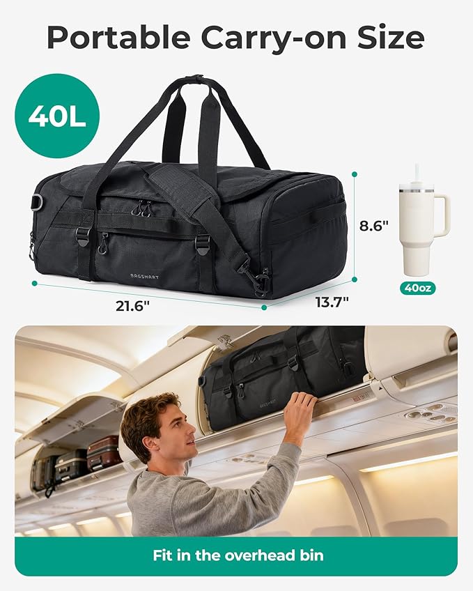 BAGSMART 4-IN-1 Duffle Bag for Travel, 40L Travel Bag Gym Duffle, TSA Carry on Backpack with Shoes Compartment & Wet Pocket, Water-resistant Workout Duffel, Forest Green