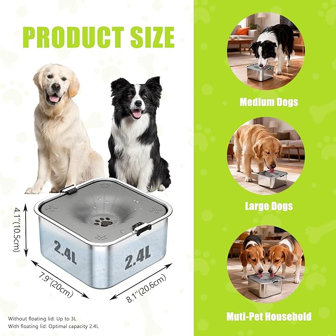 No Spill Dog Water Bowl 3L/101oz Stainless Steel Slow Drinking Water Bowls with Floating Disk, Anti-Splash Spill Proof Dog Dispenser for Messy Drinkers, Home & Travel Use (Gray)