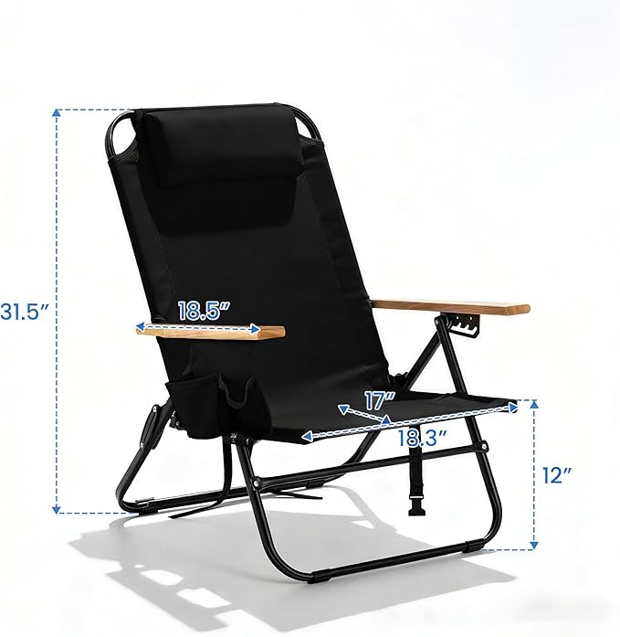 2 Pack Lightweight Portable Recliners Chair for Adults, Outdoor Lay Flat Folding Beach Chairs with 5 Positions, Backpack Beach Chair with, Zipper Pouch, Cup Holder, No Towel Bar, Black