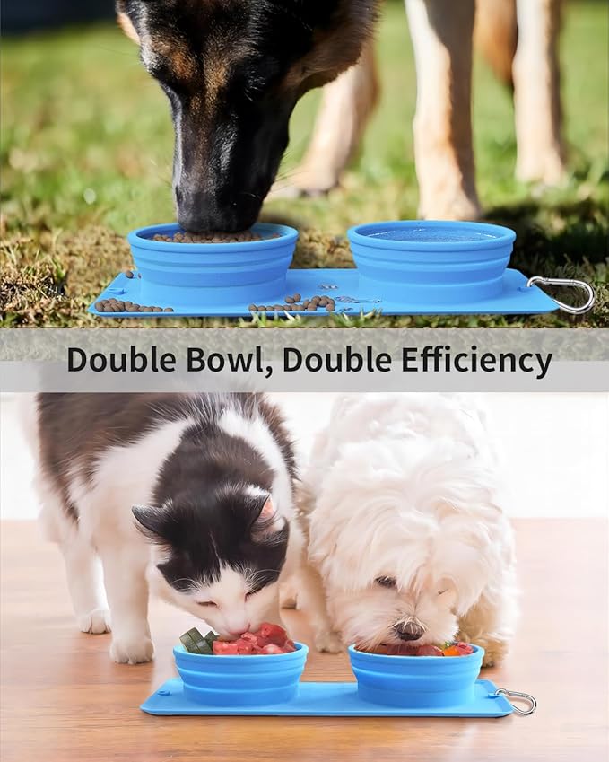 Collapsible Portable 2-in-1 Dog Bowl, Integrated Travel Dog/Cat Food Water Bowl, Silicone Foldable Expandable Bowl with Carabiner - Anti-Spill and Anti-Skid - for Camping/Traveling LPFLASAT (Blue)