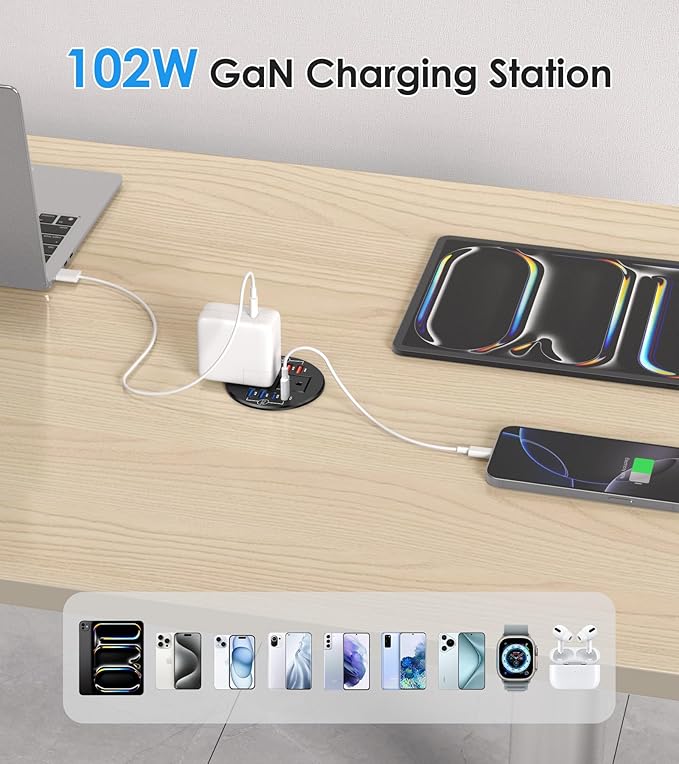 102W Recessed Power Grommet with 8 USB Ports, 3.15 inch Desk Grommet Power Strip for Conference Rooms, Office Tables, Furniture, 6FT Cord