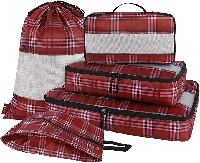 U+U 5 Set Packing Cubes for Travel Essentials Ultralight Luggage Packing Organizers with Laundry Bag and Shoe Bag for Vacation, Business Trip and Camping (Burgundy Checkered)