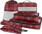 U+U 5 Set Packing Cubes for Travel Essentials Ultralight Luggage Packing Organizers with Laundry Bag and Shoe Bag for Vacation, Business Trip and Camping (Burgundy Checkered)