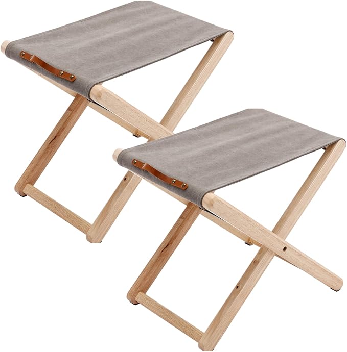 Folding Canvas Camp Stools Set of 2, Wood Folding Camping Stool Patio Portable Foot Stool for Garden Outdoor Fishing Picnic Travel BBQ, Grey