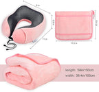 Travel Blanket and Pillow Set - Travel Neck Pillow & Blanket for Airplane, Thick Fleece Blankets Campact with Bag, Memory Foam Neck Pillows, Sleep Mask, Earplugs for Plane Traveling Essentials, Pink