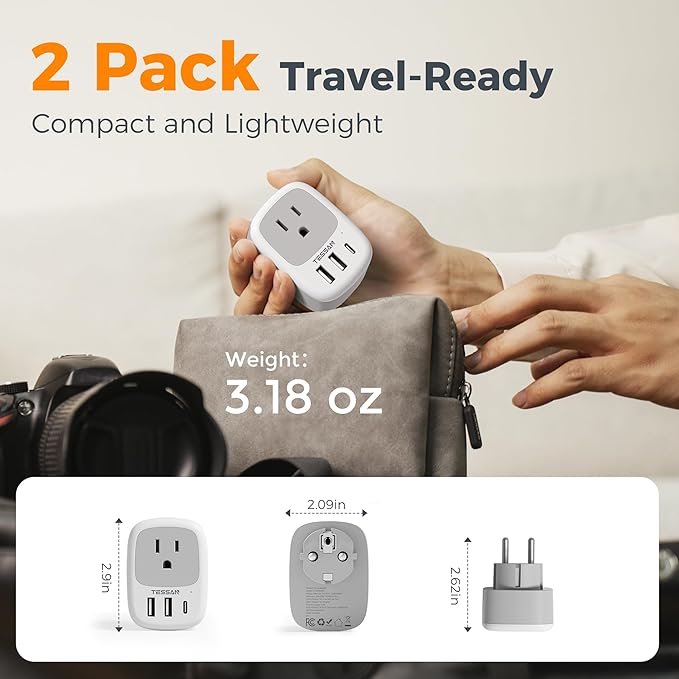 2 Pack Type E F Plug Adapter, TESSAN South Korea Outlet Adapter with 3 USB Ports (1 USB C), Schuko Travel Plug for US to Europe EU Spain Germany France Iceland Greece Russia Norway