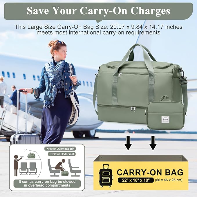 Large Travel Duffle Bag,Carry on Overnight Weekend Bag with Shoes Compartment,Weekender Bags for Women for Travel Business Trips Sport Hospital,2Pcs,Olive Green