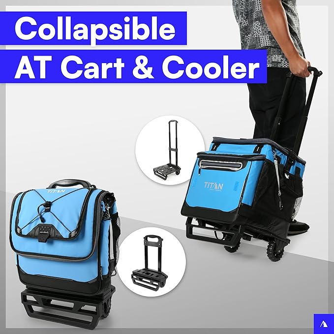 Titan by Arctic Zone Collapsible Wheeled Soft Sided Cooler with Detachable Rolling AT Cart, Insulated Bag with Leak Proof Lining, for Travel, Beach, Picnic, 60 Can Capacity