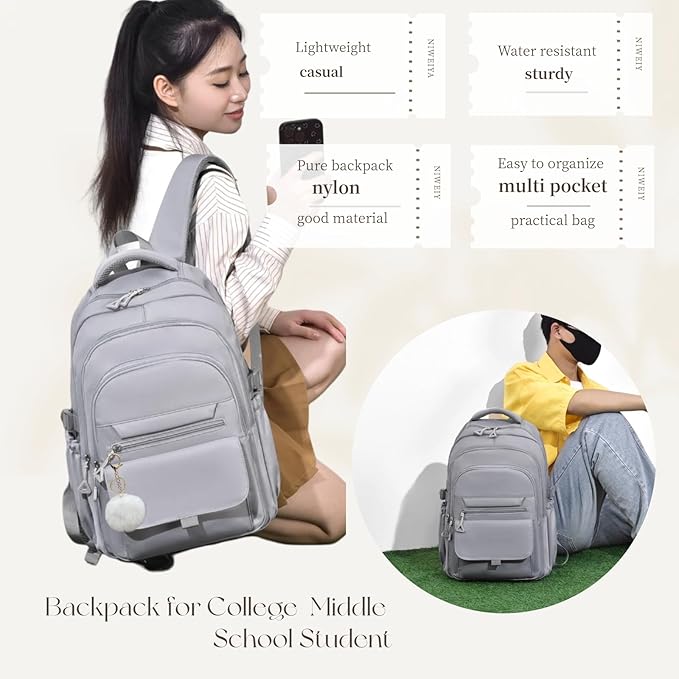 Backpack for Girls, Solid-Color School Backpack for Boys Kids, Aesthetic Girls Bookbag for Elementary School Travel Daypack,Grey